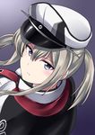  back blonde_hair breasts capelet celtic_knot cross from_behind graf_zeppelin_(kantai_collection) grey_eyes hair_between_eyes hat head_tilt highres kamelie kantai_collection large_breasts lips looking_at_viewer looking_back military_hat peaked_cap solo twintails uniform white_hat 