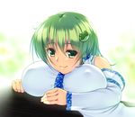  breast_rest breasts detached_sleeves frog_hair_ornament green_eyes green_hair hair_ornament hair_tubes impossible_clothes ketsushi kochiya_sanae large_breasts looking_at_viewer shirt sitting solo table touhou white_shirt 