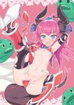  armor armpits bent_tail bikini_armor black_legwear blue_eyes blush breasts broken_armor curled_horns dragon_tail elizabeth_bathory_(brave)_(fate) elizabeth_bathory_(fate)_(all) fangs fate/extra fate/extra_ccc fate/grand_order fate_(series) horns lo_xueming long_hair looking_at_viewer loose_bikini open_mouth pink_background purple_hair pussy_peek red_armor silver_trim small_breasts solo tail tears thighhighs torn_clothes torn_legwear wardrobe_malfunction 