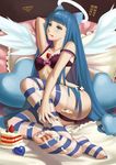  absurdres angel angel_wings aqua_nails arm_up bangs bare_shoulders between_breasts blue_eyes blue_hair blue_nails blunt_bangs bow bow_bra bra breasts cake cameltoe collarbone cream cream_on_body cream_on_face eyelashes feet fingernails food food_between_breasts food_on_body food_on_face food_on_legs frilled_bra frills fruit gy_(l964625780) hair_bow halo hand_on_leg heart heart_pillow highres long_fingernails long_hair nail_polish no_shoes off_shoulder panties panty_&amp;_stocking_with_garterbelt pillow purple_bra purple_panties see-through sitting solo spread_wings stocking_(psg) strap_slip strawberry striped striped_legwear thighhighs toenail_polish toenails toes tongue tongue_out underwear underwear_only very_long_hair white_wings wings 