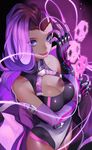  adapted_costume asymmetrical_hair breasts cleavage cleavage_cutout dark_skin highres leotard looking_at_viewer medium_breasts multicolored_hair overwatch salmon88 solo sombra_(overwatch) tongue tongue_out two-tone_hair 