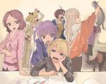  :d absurdres ahoge animal bangs black_legwear blonde_hair blue_eyes brown_hair cat chair check_character computer flower glasses hair_between_eyes hair_flower hair_ornament hazuki_shizuku highres holding holding_animal iijima_yun long_hair looking_at_another masak_(masaki4545) miniskirt monitor mozuku_(new_game!) multiple_girls new_game! office_chair open_mouth pantyhose pink_skirt pleated_skirt shinoda_hajime short_hair sitting skirt smile suzukaze_aoba takimoto_hifumi tooyama_rin twintails yagami_kou 