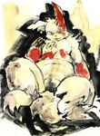  3_toes colored featureless_crotch kemono looking_at_viewer markings mutsukemo neck_tuft nintendo nude open_mouth pok&eacute;mon red_eyes sharp_teeth simple_background sitting slightly_chubby spread_legs spreading teeth toes traditional_media_(artwork) tuft video_games zangoose 
