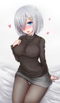 alternate_costume arm_support bed bed_sheet black_legwear black_sweater blue_eyes breasts casual e-kichi eyebrows eyebrows_visible_through_hair eyes_visible_through_hair from_above hair_ornament hair_over_one_eye hairclip hamakaze_(kantai_collection) hand_on_own_chest highres kantai_collection large_breasts looking_at_viewer miniskirt open_mouth panties panties_under_pantyhose pantyhose pantyshot pantyshot_(sitting) ribbed_sweater short_hair silver_hair sitting skirt smile solo striped striped_panties sweater tongue turtleneck turtleneck_sweater underwear vertical_stripes 