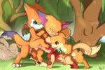  2016 all_fours anal anthro balls blue_eyes blush brown_eyes claws collar cub doggystyle dragon eraquis feral forest from_behind_position fur gnar_(lol) grass group group_sex growlithe league_of_legends leaves male male/male male/male/male/male nintendo one_eye_closed open_mouth oral orange_fur orange_scales orgy penis pok&eacute;mon red_eyes red_fur riolu rock scales sex skull spitroast tree video_games watermark wings yordle young 