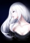  bangs bare_shoulders black_background blue_eyes breasts cleavage closed_mouth dress erise eyelashes hair_between_eyes lips long_hair looking_away off-shoulder_dress off_shoulder original profile small_breasts solo upper_body white_hair 