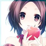  apple black_eyes black_hair commentary_request eyebrows face fingernails food fruit holding holding_food holding_fruit kuroi_(liar-player) looking_at_viewer neck_ribbon original out_of_frame parted_lips ribbon short_hair solo 