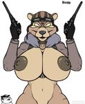  anthro bear big_breasts breasts brown_skin clothed clothing colored eyewear female fur gun handgun huge_breasts looking_at_viewer mammal multicolored_skin nipples partially_clothed pistol ranged_weapon scar simple_background solo standing weapon white_background yellow_eyes 