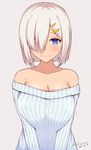  alternate_costume bare_shoulders blue_eyes blush breasts collarbone covered_nipples dated grey_background hair_ornament hair_over_one_eye hairclip hamakaze_(kantai_collection) kantai_collection kuavera large_breasts light_smile looking_at_viewer off-shoulder_sweater off_shoulder ribbed_sweater signature silver_hair simple_background solo sweater twitter_username v_arms 
