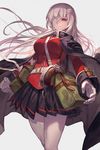  bag bandage_over_one_eye bangs belt black_skirt breasts buttons closed_mouth fate/grand_order fate_(series) florence_nightingale_(fate/grand_order) fur_trim gloves gun hair_down handgun highres lack long_hair long_sleeves looking_at_viewer medium_breasts military military_uniform one_eye_covered pantyhose pepper_box_revolver pleated_skirt red_eyes revolver silver_hair simple_background skirt smile solo uniform very_long_hair weapon white_gloves white_legwear 