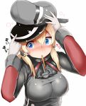  adjusting_clothes adjusting_hat anchor_hair_ornament blonde_hair blue_eyes blush breasts food food_in_mouth gloves hair_ornament hand_on_headwear hat impossible_clothes kantai_collection long_sleeves low_twintails medium_breasts military military_hat military_uniform mizuyan mouth_hold peaked_cap pocky prinz_eugen_(kantai_collection) simple_background solo twintails uniform white_background white_gloves 