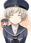  ^_^ artist_name blush closed_eyes collared_shirt commentary_request eyebrows eyebrows_visible_through_hair grey_hair hat highres jitome kamelie kantai_collection looking_at_viewer multiple_girls red_hair sailor_hat shiny shiny_hair shirt short_hair smile v z1_leberecht_maass_(kantai_collection) z3_max_schultz_(kantai_collection) 
