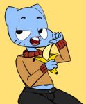  2018 4_fingers anthro banana blue_fur cartoon_network cat clothed clothing cub digital_media_(artwork) feline food fruit fur gumball_watterson half-closed_eyes male mammal midriff open_mouth simple_background sitting solo sweater the_amazing_world_of_gumball tongue young zambs 