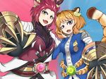  2girls animal_ears belt blonde_hair breasts claw_(weapon) dragon_girl duel_monster highres large_breasts looking_at_viewer multiple_girls open_mouth purple_eyes red_hair tail tiger_girl yellow_eyes yu-gi-oh! yuu-gi-ou_duel_monsters zipper zoodiac_drancia zoodiac_tigress 
