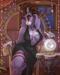  2016 anthro breasts brown_hair caprine chair chewycuticle cleavage clothed clothing crystal_ball dreadlocks dress female fur goat hair horn inside mammal purple_fur sitting solo yellow_eyes 