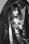  absurdres from_side greyscale hanbok hat highres korean_clothes leaf_print monochrome original realistic solo tom23579 