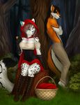  anthro canine clothed clothing duo elvofirida feline female forest fox fur hair male mammal open_mouth outside sitting smile standing tree 