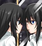  bellezza_felutia black_hair blue_eyes felutiahime food highres long_hair original otoko_no_ko pocky pocky_day red_eyes reflection self_upload 