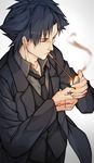  absurdres black_eyes black_hair black_neckwear black_suit collarbone commentary_request cowboy_shot emiya_kiritsugu fate/zero fate_(series) food formal from_above highres katoroku lighter male_focus mouth_hold necktie pocky pocky_day simple_background smoke solo suit 