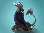  anthro aquaticas clothing dragon eastern eastern_dragon hi_res hoodie male simple_background sitting solo whiskers 