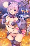  :d animal_ears ass_visible_through_thighs bare_shoulders blush bow breasts claws cup dangerous_beast drinking_glass elbow_gloves fang fate/grand_order fate_(series) full_moon fur_trim gloves hair_over_one_eye halloween halloween_costume highres jack-o'-lantern large_breasts looking_at_viewer mash_kyrielight moon navel open_mouth purple_eyes purple_gloves purple_hair revealing_clothes ribbon short_hair smile solo tail thighhighs tray umitonakai wine_glass wolf_ears wolf_tail 