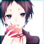  apple black_eyes black_hair commentary_request eyebrows face fingernails food fruit holding holding_food holding_fruit kuroi_(liar-player) looking_at_viewer male_focus neck_ribbon original out_of_frame parted_lips ribbon solo 