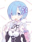  blue_eyes blue_hair blush breasts chagoon detached_sleeves dress food hair_ornament hair_over_one_eye hair_ribbon headdress looking_at_viewer maid medium_breasts pocky purple_ribbon re:zero_kara_hajimeru_isekai_seikatsu rem_(re:zero) ribbon short_hair simple_background solo x_hair_ornament 