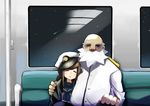  1girl admiral_(kantai_collection) age_difference arm_around_waist bald beard bench blush brown_hair closed_eyes facial_hair fubuki_(kantai_collection) hand_on_another's_shoulder hand_on_own_knee handrail hat kantai_collection kion-kun long_hair night old_man peaked_cap ponytail school_uniform serafuku shooting_star sitting sky sleeping star_(sky) starry_sky triangle_mouth uniform vehicle_interior window 