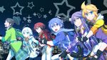  ahoge aqua_eyes blue_eyes blue_hair blue_scarf boots carrying city city_lights commentary fingerless_gloves glasses gloves grin hair_ornament hairclip haru_aki hiyama_kiyoteru idol kagamine_len kaito kamui_gakupo long_hair male_focus multiple_boys piggyback ponytail purple_hair red_hair running sash scarf silver_hair smile sparkle star trilby utatane_piko vocaloid vy2 yellow_eyes 