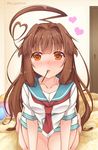  ahoge blush breasts brown_eyes brown_hair collarbone commentary_request door eyebrows eyebrows_visible_through_hair food hair_intakes heart heart_ahoge heart_pillow highres incoming_pocky_kiss indoors kantai_collection kneeling ko_yu kuma_(kantai_collection) long_hair looking_at_viewer md5_mismatch medium_breasts on_bed pillow pocky short_sleeves solo twitter_username 