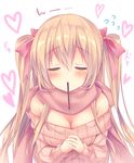  blonde_hair blush bow breasts brown_scarf cleavage closed_eyes commentary_request flying_sweatdrops food food_in_mouth hair_between_eyes hair_bow hands_clasped heart incoming_pocky_kiss large_breasts long_hair mouth_hold off-shoulder_sweater original own_hands_together pink_bow pocky pocky_day scarf sidelocks solo sorai_shin'ya sweater twintails upper_body white_background 