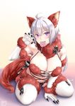  ahoge alternate_color animal_ears blush breasts candy cleavage cosplay dangerous_beast elbow_gloves fate/grand_order fate_(series) food fur-trimmed_gloves fur-trimmed_legwear fur_trim gloves halloween halloween_costume large_breasts lollipop long_hair looking_at_viewer mash_kyrielight mash_kyrielight_(cosplay) mouth_hold navel o-ring o-ring_top open_mouth osafune_kairi purple_eyes revealing_clothes ribbon senki_zesshou_symphogear silver_hair sitting solo swirl_lollipop tail thighhighs twintails wariza wolf_ears wolf_tail yukine_chris 