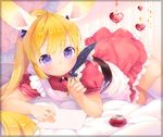  :o animal_ears apron bed blonde_hair bunny_ears dress eyebrows_visible_through_hair heart ink_bottle long_hair lying mutou_mato on_side original paper parted_lips ponytail purple_eyes quill solo tail thighhighs very_long_hair white_legwear 