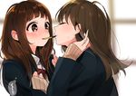  bangs blazer bow bowtie brown_eyes brown_hair clenched_hands closed_eyes commentary_request food hair_tucking hand_on_another's_shoulder homua jacket long_hair long_sleeves looking_at_another multiple_girls open_mouth original pocky pocky_day pocky_kiss red_bow red_neckwear school_uniform shared_food upper_body wavy_mouth yuri 