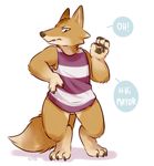  animal_crossing anthro barefoot bottomless canine chief_(animal_crossing) clothed clothing dialogue digitigrade fox glitter_trap_boy male mammal nintendo pawpads signature solo speech_bubble talking_to_viewer video_games waving 