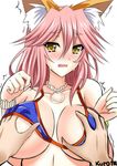  animal_ears bikini blue_bikini blush bow breast_grab breasts cleavage cless_(tamaota) collarbone fate/extra fate/grand_order fate_(series) fox_ears grabbing hair_bow large_breasts open_mouth pink_hair simple_background solo_focus sweat swimsuit tamamo_(fate)_(all) tamamo_no_mae_(fate) tamamo_no_mae_(swimsuit_lancer)_(fate) trembling white_background yellow_eyes 