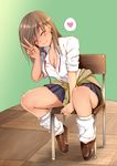  1girl ^_^ black_skirt breasts brown_footwear brown_hair chair cleavage closed_eyes closed_mouth clothes_around_waist commentary dress_shirt earrings facing_viewer full_body gyaru heart jewelry kappamaru kogal large_breasts leg_warmers long_hair original pleated_skirt school_uniform shirt shoes sitting skirt sleeves_rolled_up smile solo spoken_heart sweater sweater_around_waist v white_shirt 