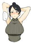  absurdres armpits bijin_onna_joushi_takizawa-san black_hair breasts earrings hair_bun highres jewelry large_breasts mature mole mole_under_mouth ribbed_sweater sleeveless sleeveless_turtleneck solo sweater takizawa_kyouko turtleneck yan-baru 