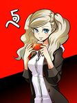  bangs black_background blonde_hair blue_eyes breasts cup hair_ornament hair_over_shoulder hairclip holding holding_cup hood hood_down hoodie large_breasts looking_at_viewer mug open_mouth parted_bangs persona persona_5 red_background school_emblem smile solo takamaki_anne tamago_(yotsumi_works) translation_request twintails 