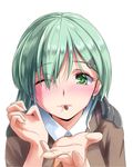  brown_jacket collared_shirt commentary eyebrows eyebrows_visible_through_hair eyes_visible_through_hair food green_eyes green_hair hair_ornament hairclip highres incoming_pocky_kiss jacket kantai_collection kudou_maimu leaning_forward lips long_hair looking_at_viewer necktie one_eye_closed pocky pocky_kiss reaching_out shared_food shirt simple_background solo suzuya_(kantai_collection) white_background white_shirt 