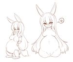  1girl amputee animal_ears blush breasts bunny_ears female heart mikeysukairain monochrome multiple_views navel nude pregnant pussy quadruple_amputee simple_background spoken_heart very_long_hair white_background 
