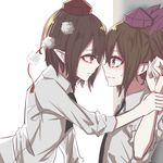  aie bad_id bad_pixiv_id black_hair blush brown_hair collared_shirt face-to-face hat himekaidou_hatate looking_at_another multiple_girls necktie pointy_ears pom_pom_(clothes) purple_eyes purple_hat red_eyes red_hat shameimaru_aya shirt sweat tokin_hat touhou twintails wall_slam wavy_mouth white_shirt wrist_grab yuri 