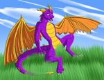  2012 adamsparke anthro censored dragon grass male membranous_wings nude outside panting scalie solo spyro spyro_the_dragon sweat video_games wings 