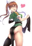  1girl ass black_gloves black_thighhighs blush breasts brown_hair commentary_request cowboy_shot elbow_gloves eyebrows gloves green_shirt hair_ribbon heart kantai_collection loincloth loincloth_lift long_hair looking_at_viewer looking_back medium_breasts no_panties panties ribbon shiny_skin shirt single_elbow_glove single_glove single_thighhigh skindentation sleeves_rolled_up smile solo thighhighs tight_clothes tone_(kancolle) tone_kai_ni_(kancolle) twintails underwear untue white_ribbon yellow_eyes 