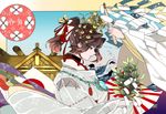  architecture branch brown_hair chin_strap commentary east_asian_architecture floral_print gohei hair_ornament ise_(kantai_collection) japanese_clothes kantai_collection kousetsu_(nonosuke) long_sleeves miko onbashira oonusa ponytail red_eyes shide shrine solo translation_request waves wide_sleeves 