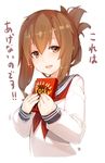  brown_eyes brown_hair commentary flying_sweatdrops folded_ponytail food highres holding holding_food inazuma_(kantai_collection) kantai_collection meth_(emethmeth) neckerchief open_mouth pocky pocky_day school_uniform serafuku sleeves_past_wrists solo translated upper_body white_background 