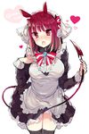  animal_ears apron between_legs black_legwear blush bow bowtie breasts demon_tail eyebrows eyebrows_visible_through_hair hair_ribbon hairband heart holding_tail ikeuchi_tanuma large_breasts looking_at_viewer maid open_mouth original red_eyes red_hair ribbon short_hair simple_background solo standing tail thighhighs twitter_username veil waist_apron white_background 