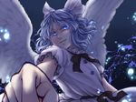 ameya_nihachi angel_wings black_ribbon blue_eyes blue_hair bow bowtie feathered_wings foreshortening hair_ribbon half_updo looking_at_viewer mai_(touhou) open_mouth outstretched_arm parted_lips ribbon short_hair short_sleeves smile solo touhou touhou_(pc-98) white_wings wings 