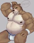  2016 5_fingers ? anthro bear biceps black_nipples black_nose briefs brown_fur bulge clothed clothing countershading digital_media_(artwork) eyebrows food front_view fur green_eyes grey_background hi_res humanoid_hands inner_ear_fluff kusunagi looking_at_viewer male mammal multicolored_fur musclegut muscular muscular_male navel nipples pecs pocky scratching simple_background sitting slightly_chubby solo speech_bubble tan_fur topless two_tone_fur underwear wristband 