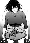  bad_id bad_twitter_id bifidus breasts collarbone commentary_request gradient gradient_background greyscale hair_ribbon hakama ise_(kantai_collection) japanese_clothes kantai_collection large_breasts looking_at_viewer monochrome ponytail ribbon shirt smile solo tight_shirt 
